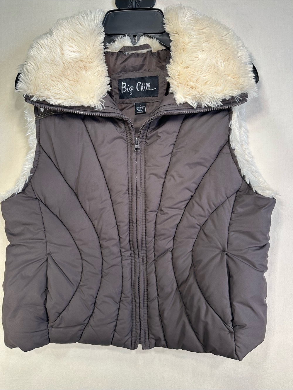 Big Chill Faux Fur Trim Puffer Vest Gray/Brown Size L CabinCore EUC